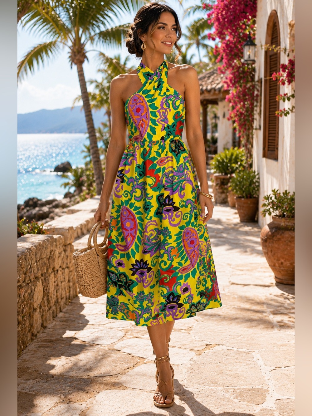 J. Crew Silk Tropical Yellow Halter Midi Dress with Multicolor Paisley Print 4